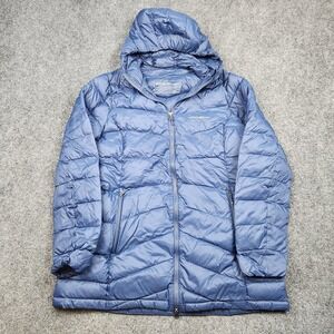 Eddie Bauer Down Jacket Womens Large Blue EB650 Hooded Quilted Puffer Coat‎
